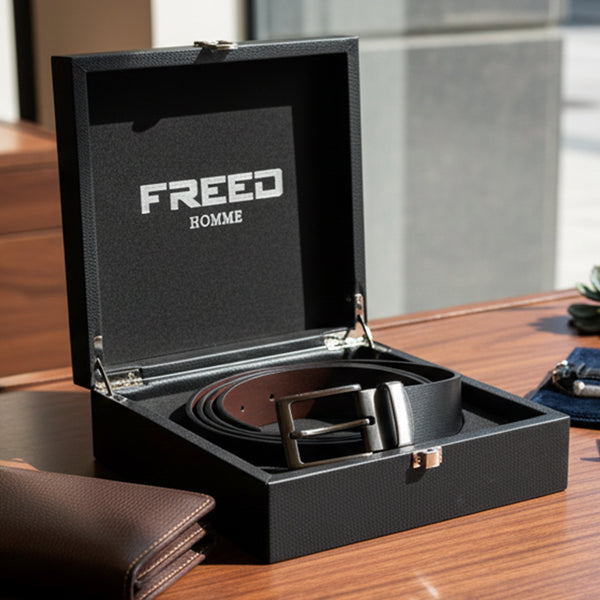 【FREED】 方形扣素面休閒真皮皮帶 - 黑銀