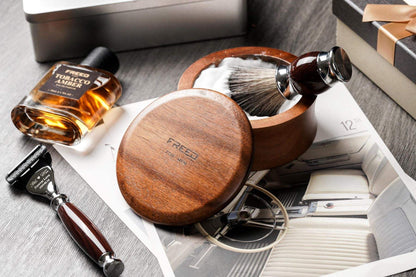 實木皂碗，暖棕色，俯視角，桌面，FREED 客製化刻字