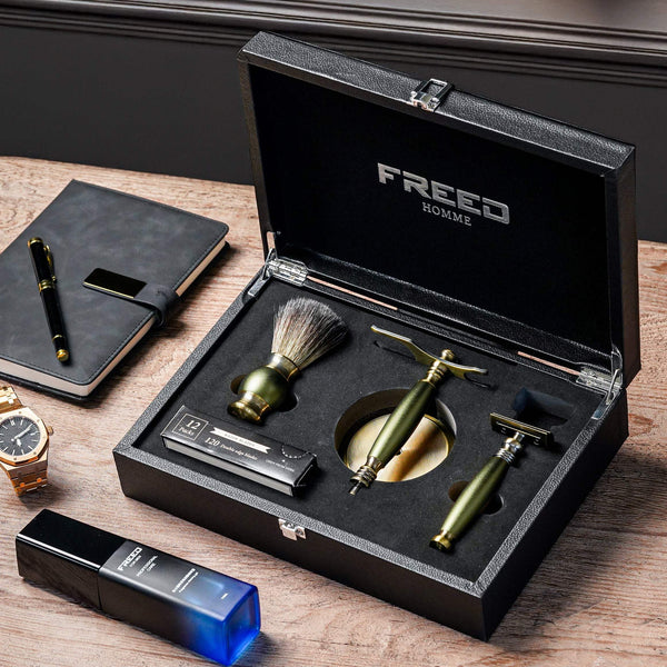 【FREED】雙刃式古銅刮鬍刀豪華禮盒四件組 - 大地綠 - FREED