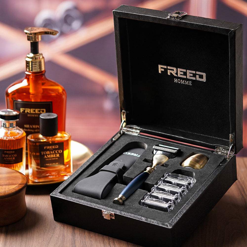 古銅色五刀式刮鬍刀，尊爵帝王藍，含配件，FREED 客製化刻字