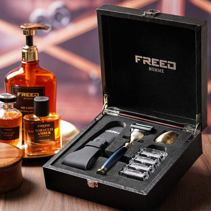 古銅色五刀式刮鬍刀，尊爵帝王藍，含配件，FREED 客製化刻字