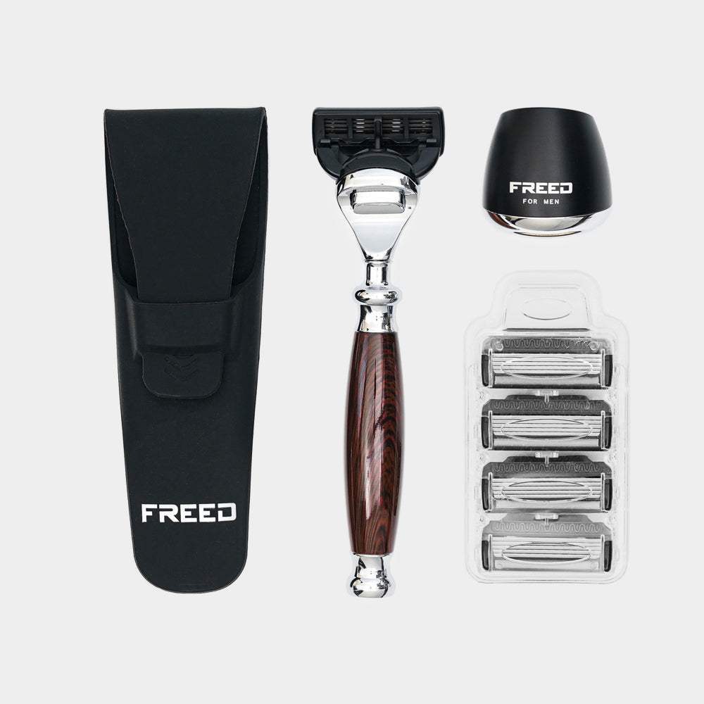 FREED仿紫紅檀木刮鬍刀，含刀套、刀座、四刀頭。FREED 客製化刻字。