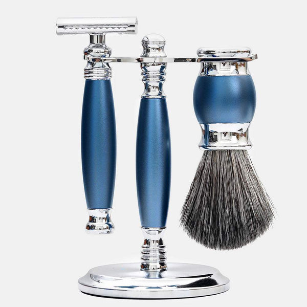 豪華四件式刮鬍刀組，金屬與藍色烤漆，剃刀雙刃設計。FREED 客製化刻字。