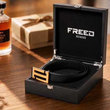 【FREED】金色/黑色扣頭 十字紋真皮皮帶
