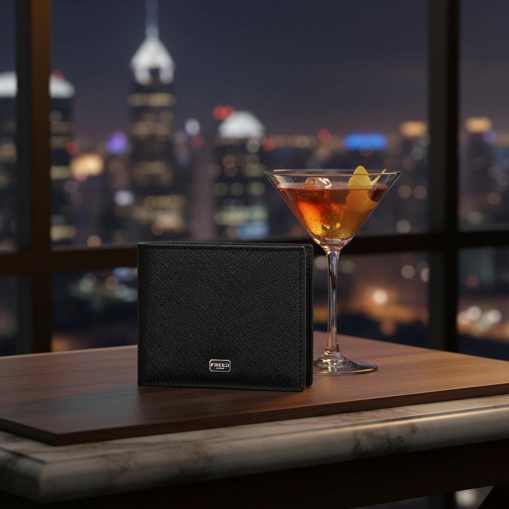 黑色Saffiano十字紋，桌上與雞尾酒，FREED 客製化刻字