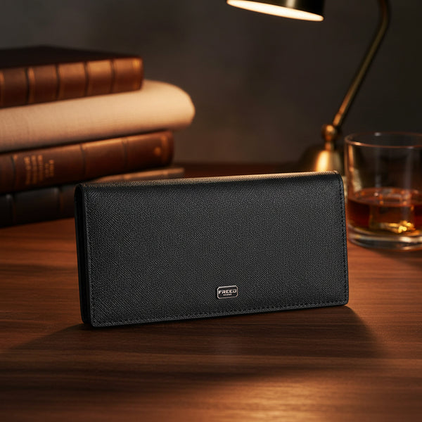 黑色Saffiano皮革長夾，桌上擺設，FREED客製化刻字。