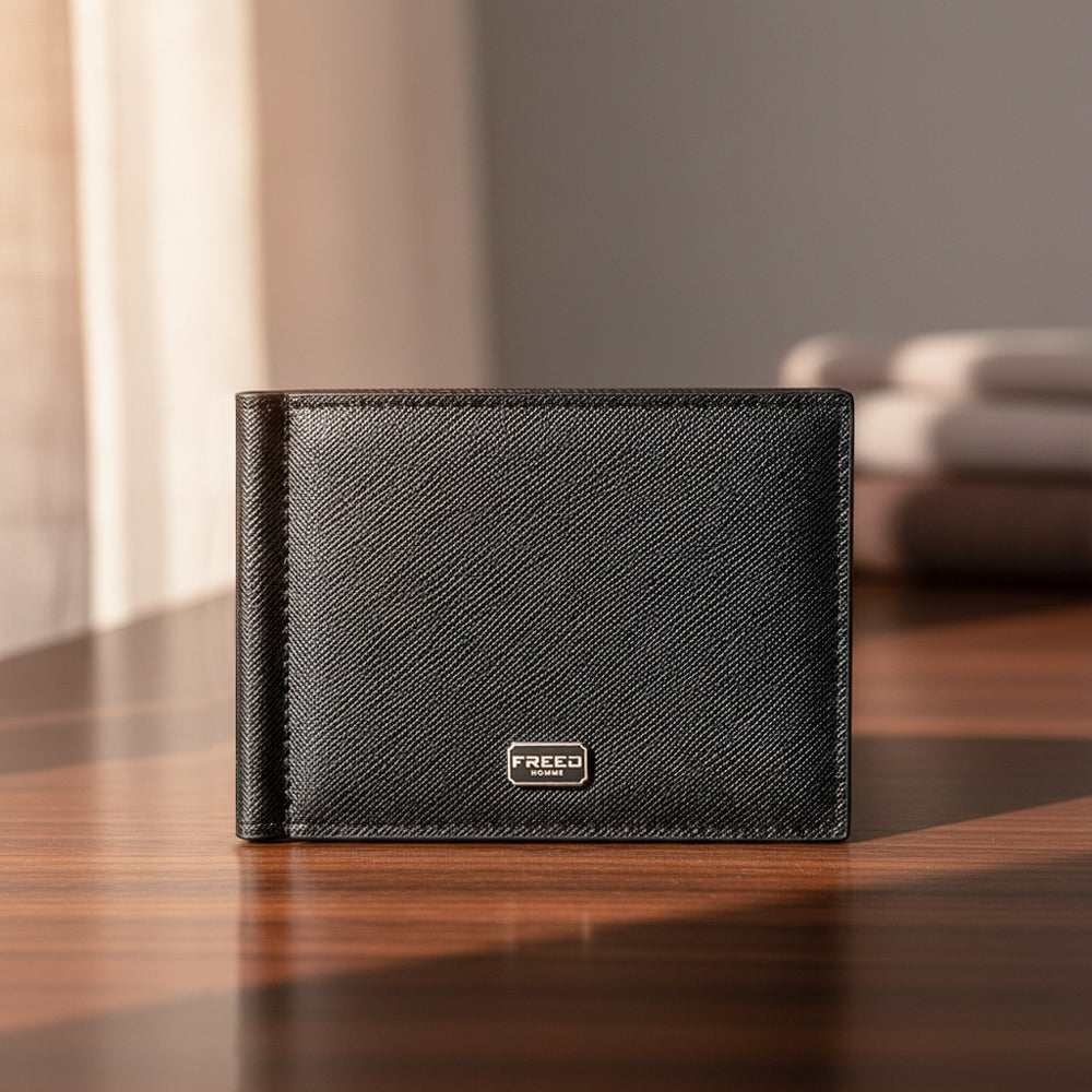 經典Saffiano十字紋黑皮革，前方角度，陽光灑落木桌場景。FREED客製化刻字