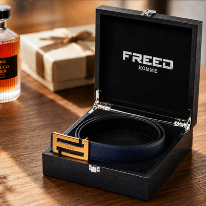 【FREED】金色/黑色扣頭手掌紋超纖維雙色皮帶-藍面黑底