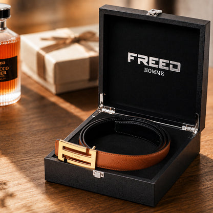 【FREED】金色/黑色扣頭手掌紋超纖維雙色皮帶-棕面黑底