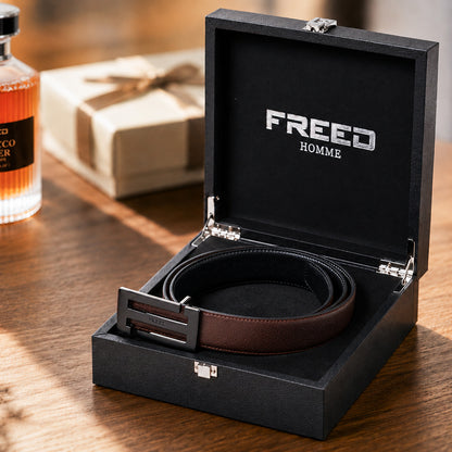 【FREED】金色/黑色扣頭手掌紋超纖維雙色皮帶-咖面黑底