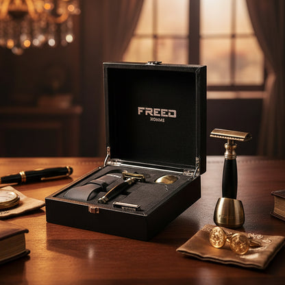 【FREED】古銅系列尊爵四件組雙刃式刮鬍刀禮盒 - 極致黑 包裝展示