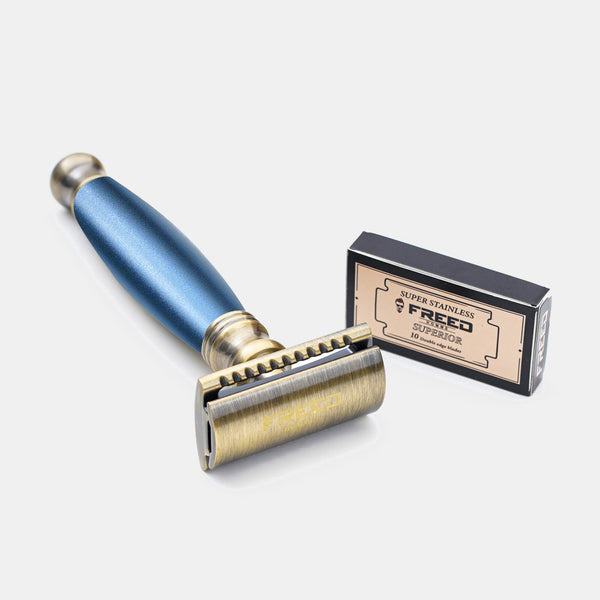 帝王藍復古雙刃刮鬍刀，細緻雕刻，完美角度，居家男士理容。FREED 客製化刻字