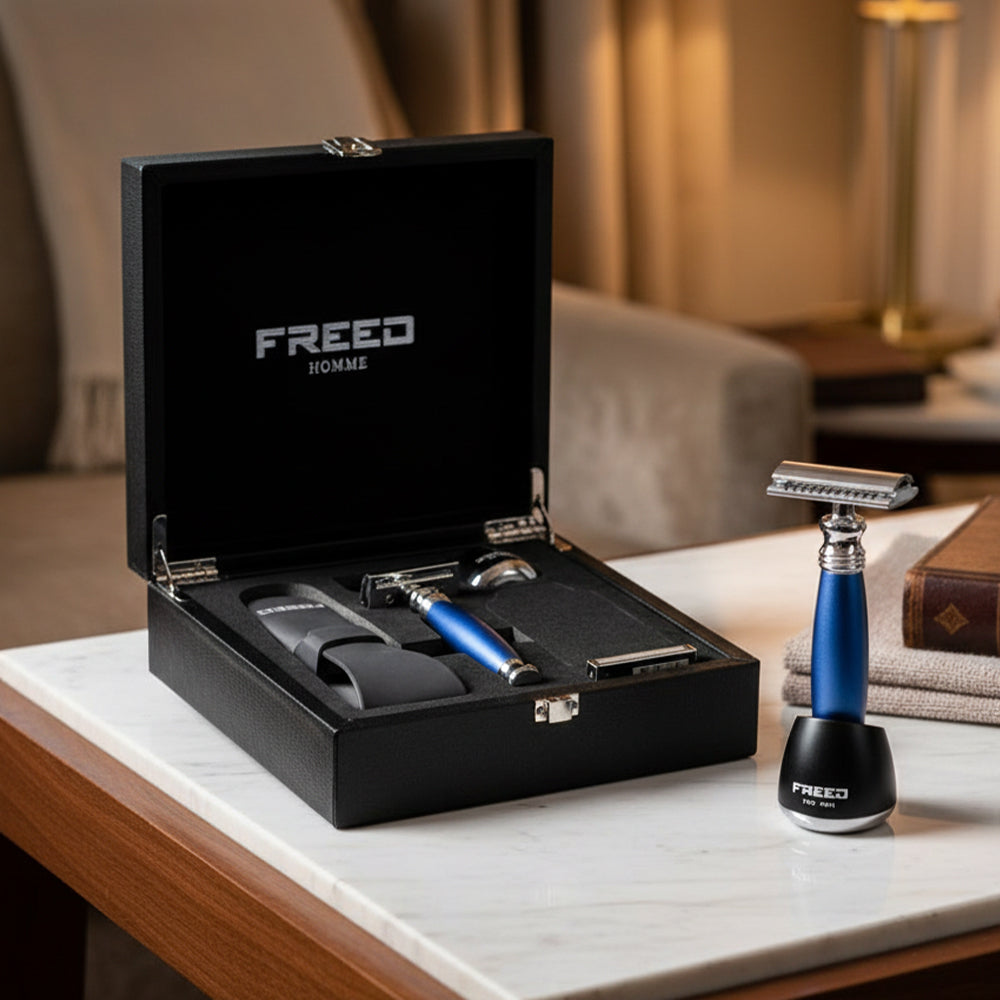 【FREED】尊爵四件組雙刃安全刮鬍刀禮盒 - 時尚藍 商品情境展示