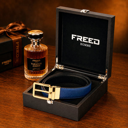 【FREED】亮金旋轉式方扣手掌紋超纖維皮帶 - 藍面黑底