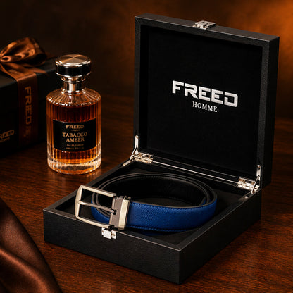 【FREED】槍色方形扣頭手掌紋超纖維皮帶 - 藍面黑底
