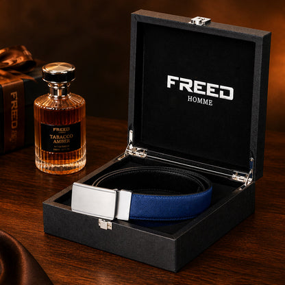 【FREED】銀色細邊繩紋扣頭手掌紋超纖維皮帶 - 藍面黑底
