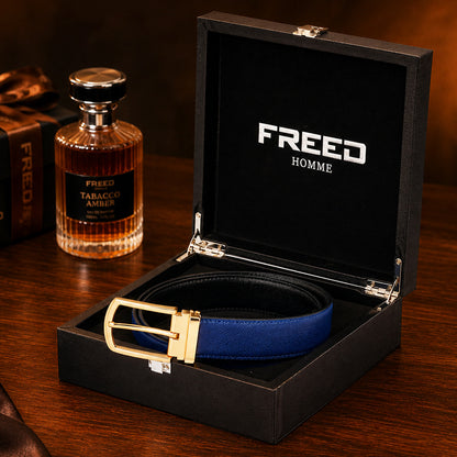 【FREED】霧金馬蹄扣手掌紋超纖維皮帶 - 藍面黑底