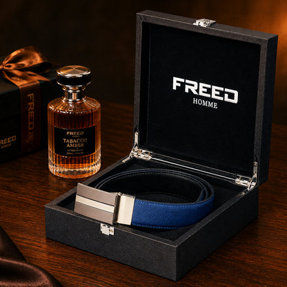 【FREED】雙色三線扣頭手掌紋超纖維皮帶 - 藍面黑底