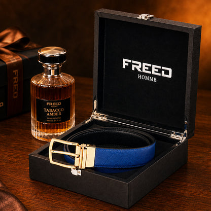【FREED】亮金旋轉式馬蹄扣手掌紋超纖維皮帶 - 藍面黑底