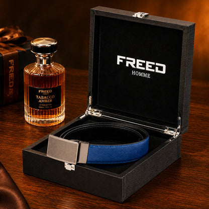 【FREED】槍色網點紋扣頭手掌紋超纖維皮帶 - 藍面黑底