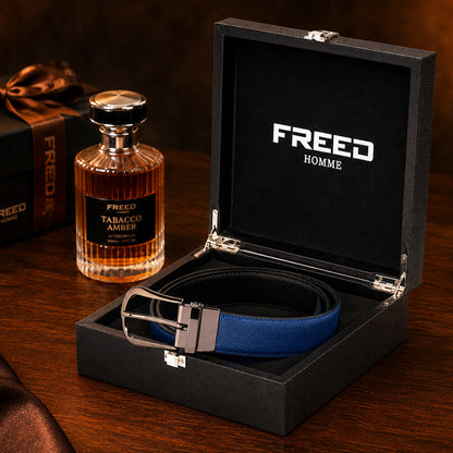【FREED】槍色旋轉式馬蹄扣手掌紋超纖維皮帶 - 藍面黑底