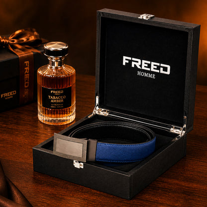 【FREED】銀色人字紋框扣頭手掌紋超纖維皮帶 - 藍面黑底