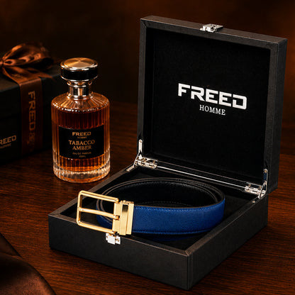 【FREED】霧金方扣手掌紋超纖維皮帶 - 藍面黑底