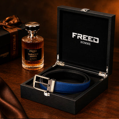 【FREED】槍色方框扣頭手掌紋超纖維皮帶 - 藍面黑底