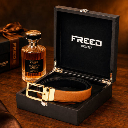 【FREED】金馬蹄扣頭手掌紋超纖維雙色兩用皮帶-棕面黑底