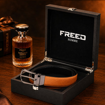 【FREED】槍色旋轉式馬蹄扣手掌紋超纖維皮帶 - 棕面黑底