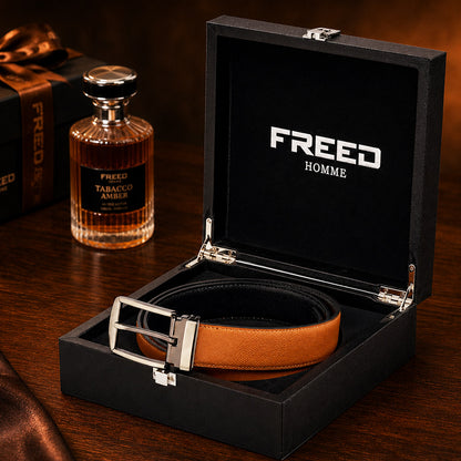 【FREED】槍色方形扣頭手掌紋超纖維皮帶 - 棕面黑底