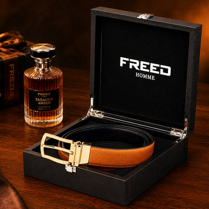 【FREED】亮金旋轉式馬蹄扣手掌紋超纖維皮帶 - 棕面黑底