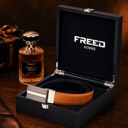【FREED】雙色三線扣頭手掌紋超纖維皮帶 - 棕面黑底