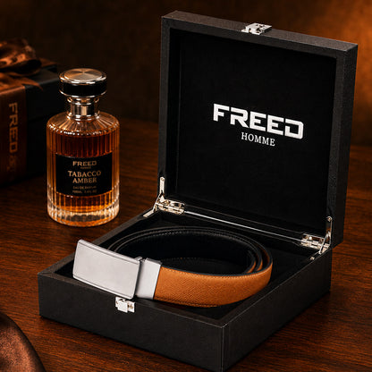 【FREED】銀色細邊繩紋扣頭手掌紋超纖維皮帶 - 棕面黑底