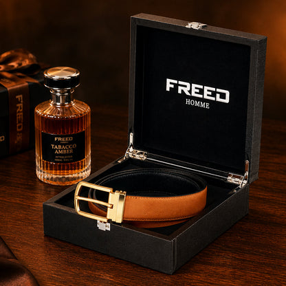 【FREED】霧金馬蹄扣手掌紋超纖維皮帶 - 棕面黑底