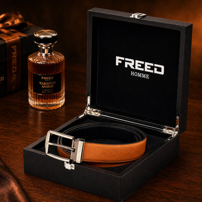 【FREED】槍色方框扣頭手掌紋超纖維皮帶 - 棕面黑底