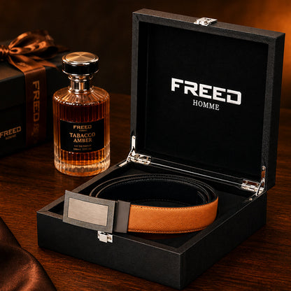 【FREED】銀色人字紋框扣頭手掌紋超纖維皮帶 - 棕面黑底