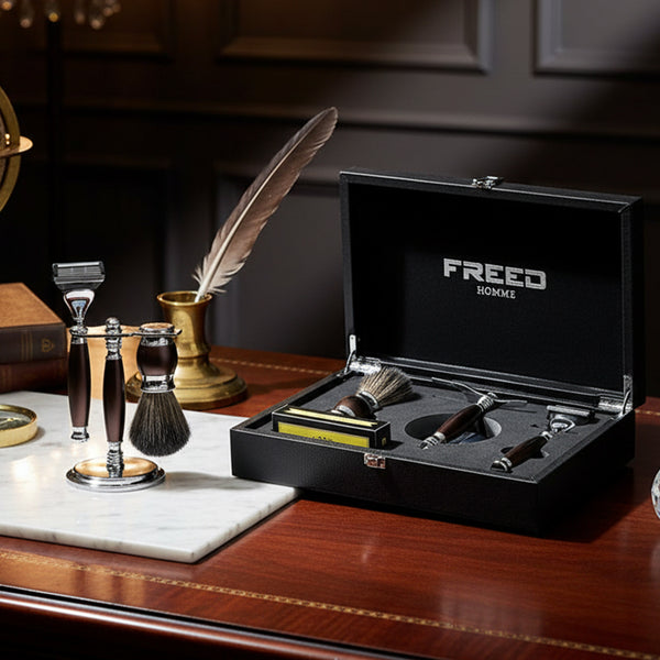 五刀式刮鬍刀豪華禮盒四件組 - 馬鞍棕