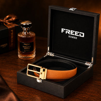 【FREED】霧金方扣手掌紋超纖維皮帶 - 棕面黑底