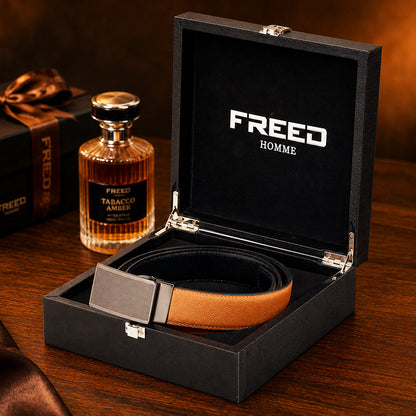 【FREED】槍色網點紋扣頭手掌紋超纖維皮帶 - 棕面黑底