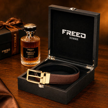 【FREED】亮金旋轉式馬蹄扣手掌紋超纖維皮帶 - 咖啡面黑底