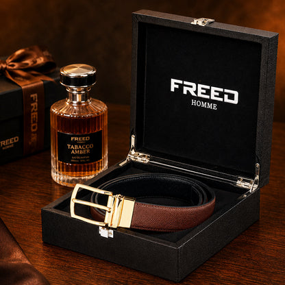 【FREED】亮金旋轉式馬蹄扣手掌紋超纖維皮帶 - 咖啡面黑底
