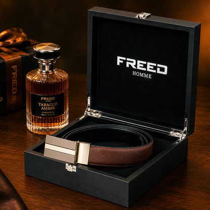 【FREED】雙色三線扣頭手掌紋超纖維皮帶 - 咖啡面黑底