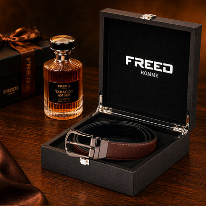 【FREED】槍色旋轉式馬蹄扣手掌紋超纖維皮帶 - 咖啡面黑底