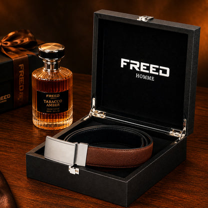 【FREED】銀色細邊繩紋扣頭手掌紋超纖維皮帶 - 咖啡面黑底