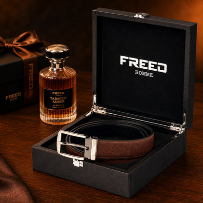 【FREED】槍色方形扣頭手掌紋超纖維皮帶 - 咖啡面黑底