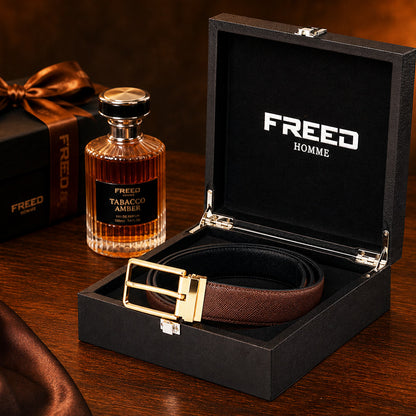【FREED】霧金方扣手掌紋超纖維皮帶 - 咖啡面黑底