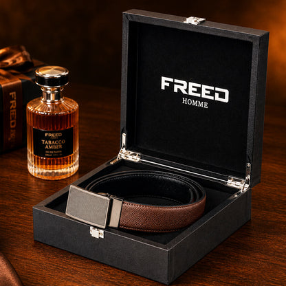 【FREED】槍色網點紋扣頭手掌紋超纖維皮帶 - 咖啡面黑底