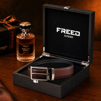 【FREED】槍色方框扣頭手掌紋超纖維皮帶 - 咖啡面黑底