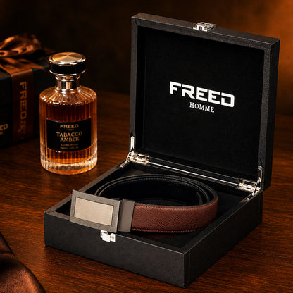【FREED】銀色人字紋框扣頭手掌紋超纖維皮帶 - 咖啡面黑底